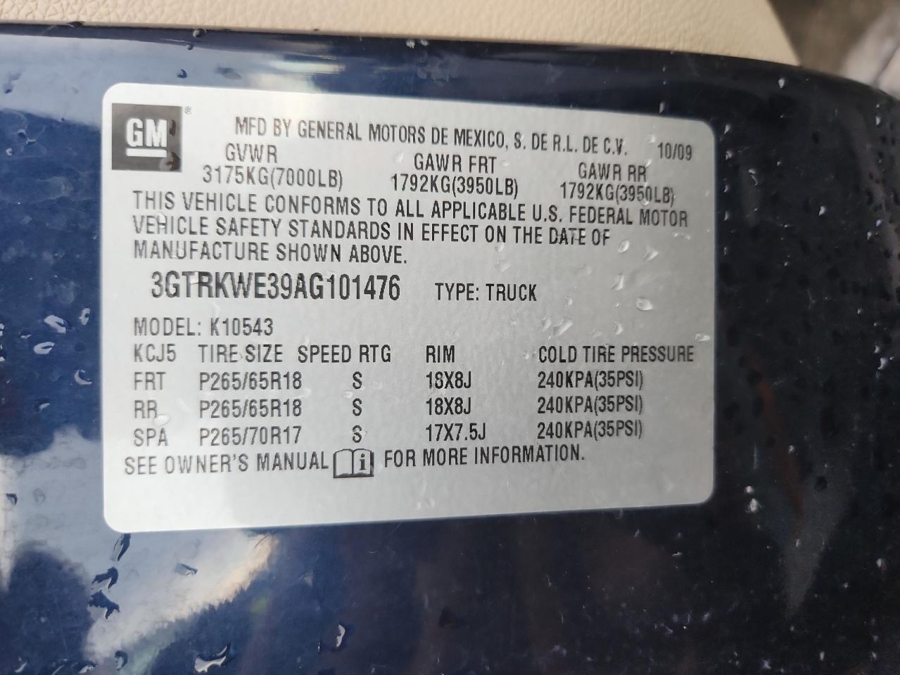 2010 GMC Sierra K1500 Slt VIN: 3GTRKWE39AG101476 Lot: 86661695