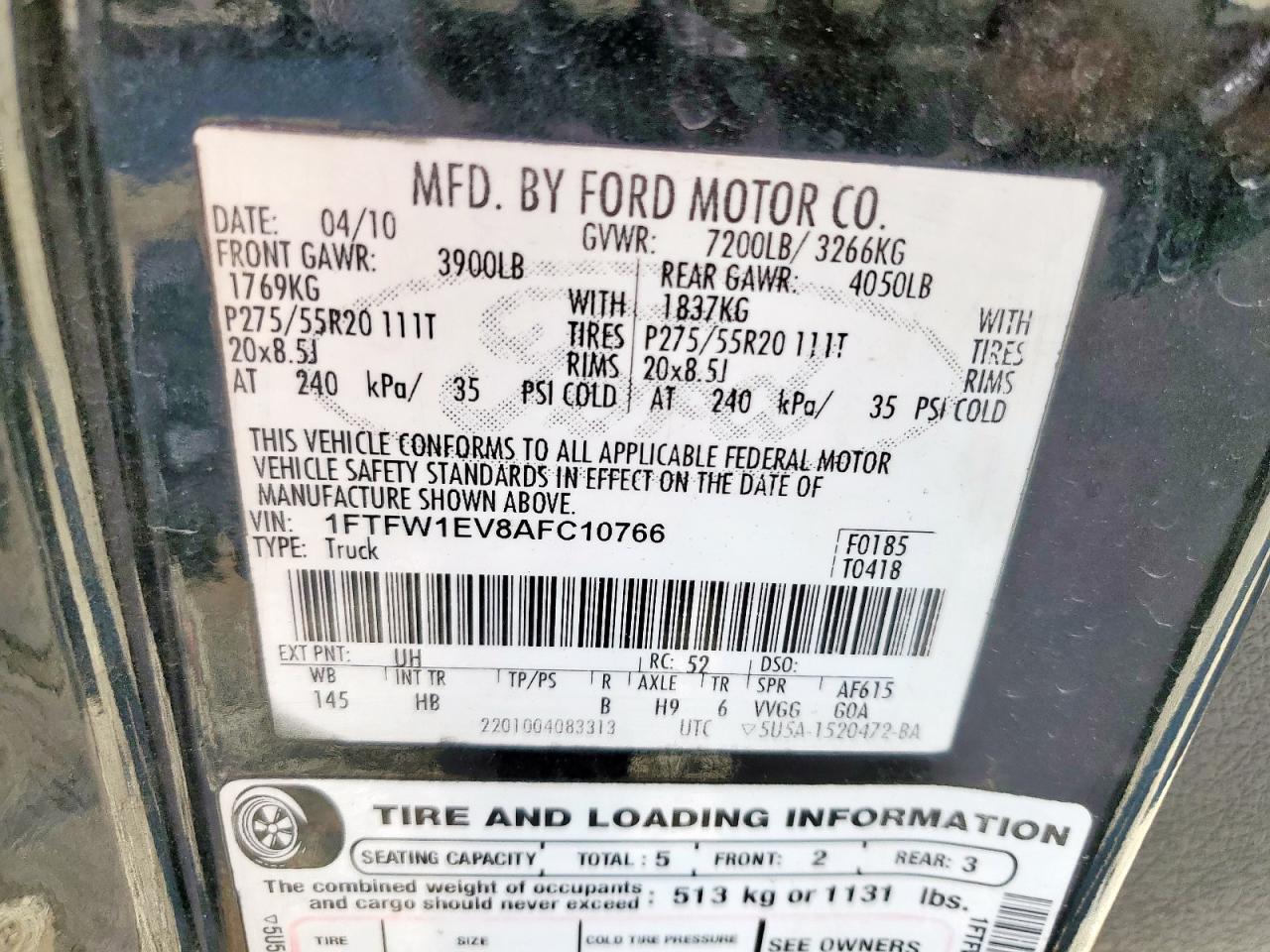 2010 Ford F150 Supercrew VIN: 1FTFW1EV8AFC10766 Lot: 86624185