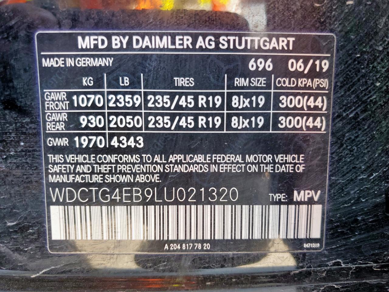 2020 Mercedes-Benz Gla 250 VIN: WDCTG4EB9LU021320 Lot: 85939965