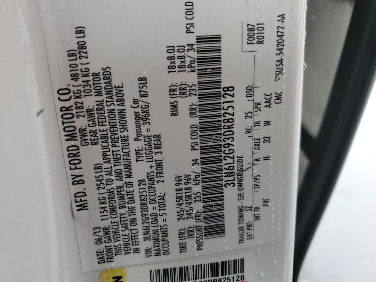 2013 Lincoln Mkz VIN: 3LN6L2G93DR825128 Lot: 85160515