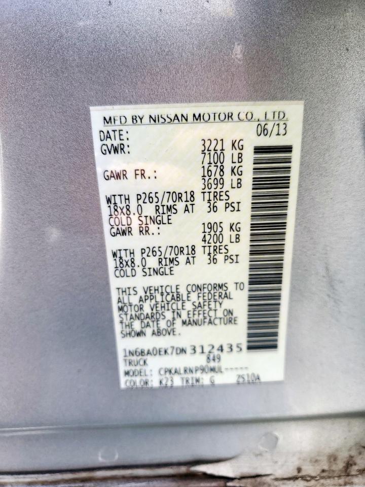 2013 Nissan Titan S VIN: 1N6BA0EK7DN312435 Lot: 85535055