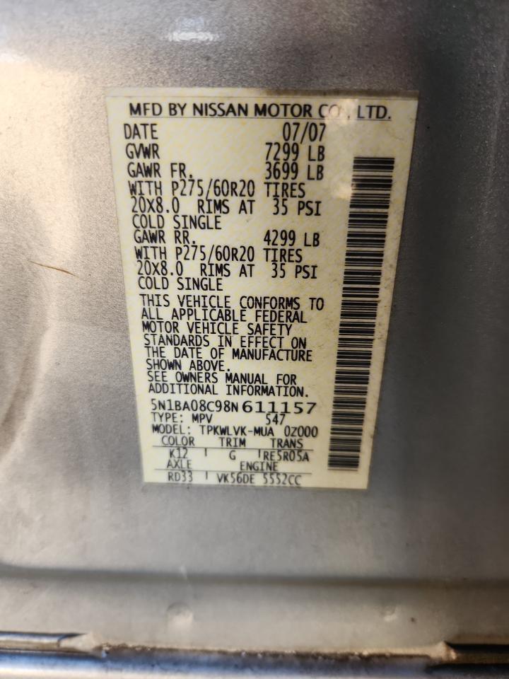 2008 Nissan Armada Se VIN: 5N1BA08C98N611157 Lot: 86293195