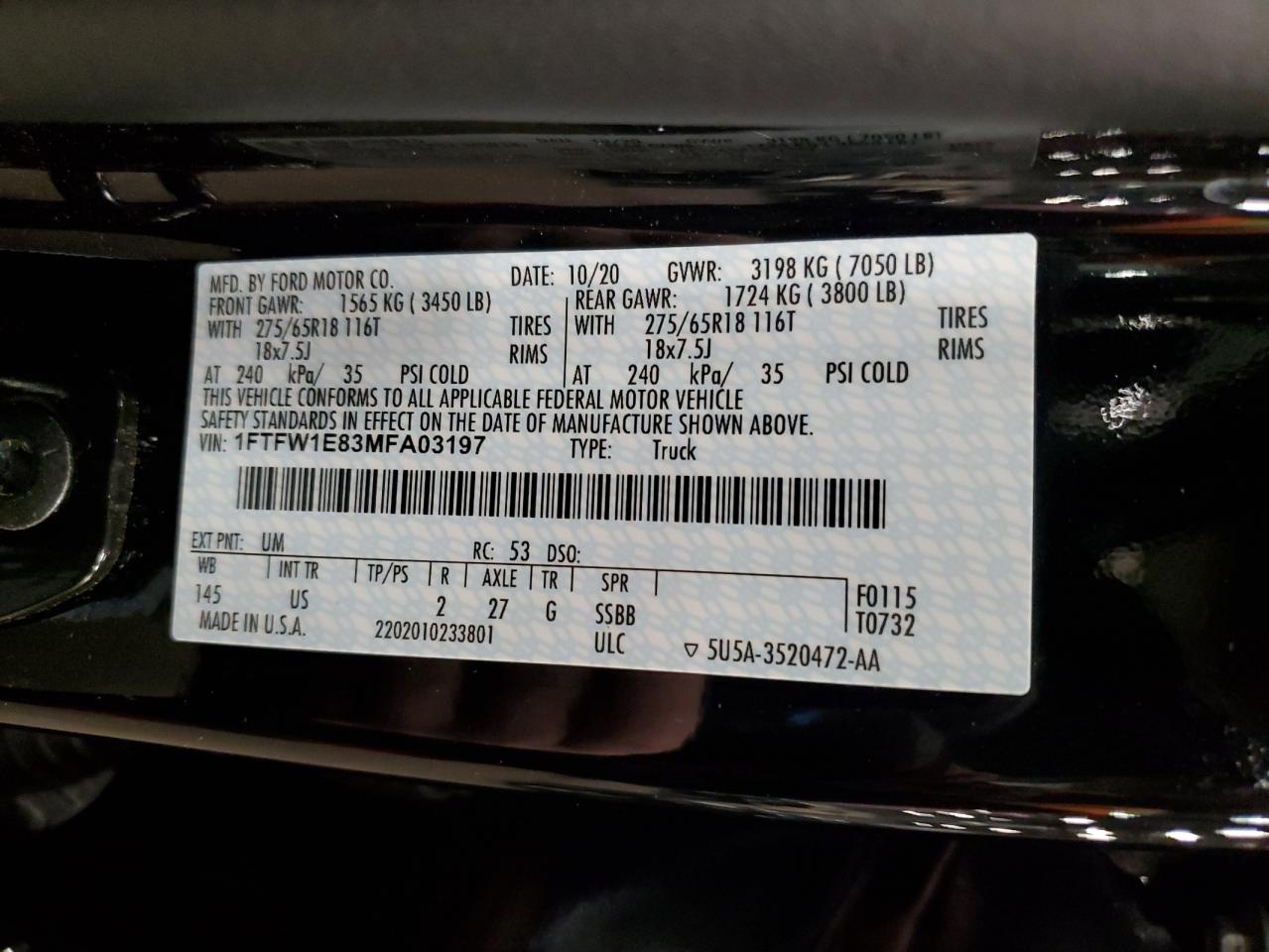 2021 Ford F150 Supercrew VIN: 1FTFW1E83MFA03197 Lot: 87213145