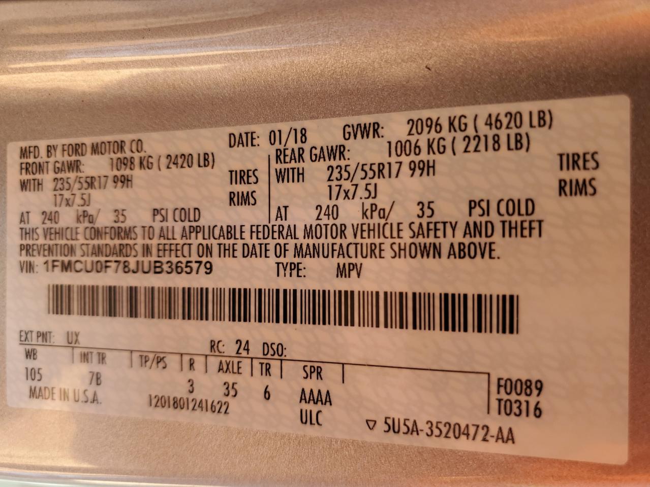 2018 Ford Escape S VIN: 1FMCU0F78JUB36579 Lot: 85364795