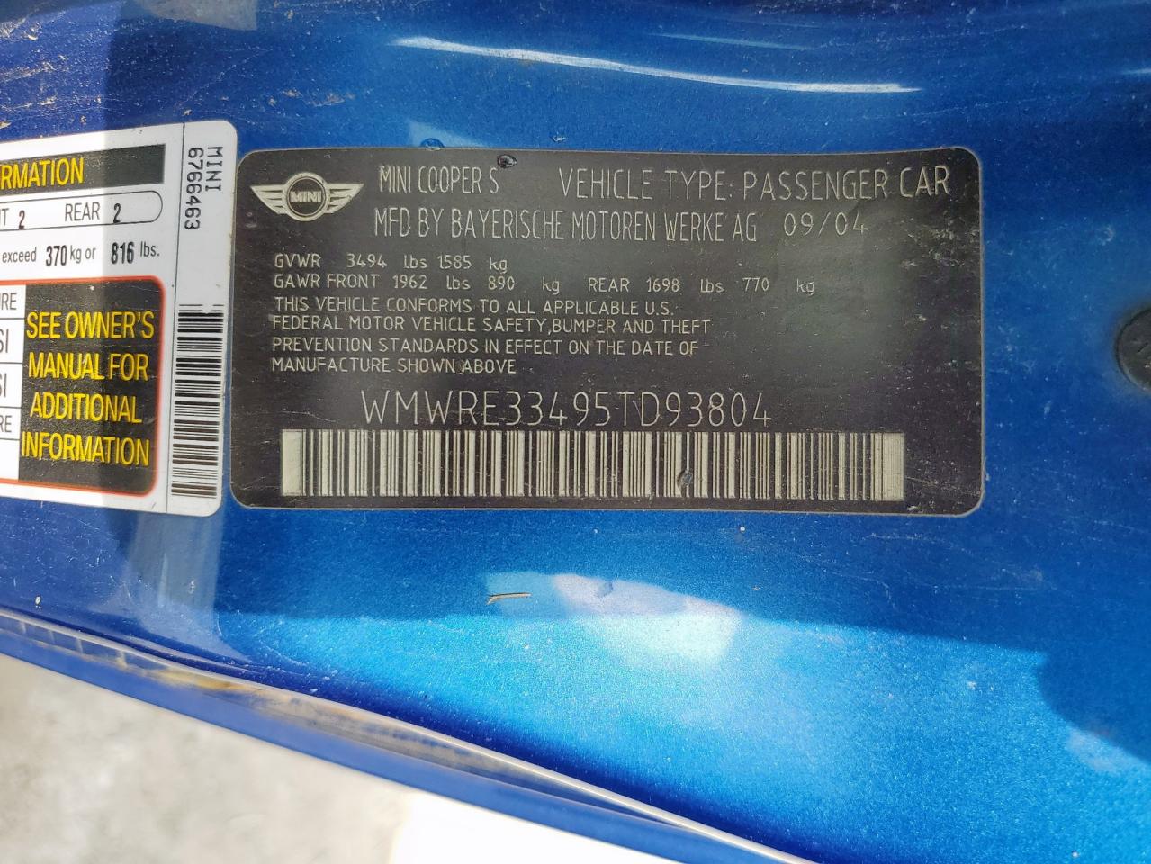 2005 Mini Cooper S VIN: WMWRE33495TD93804 Lot: 87394975