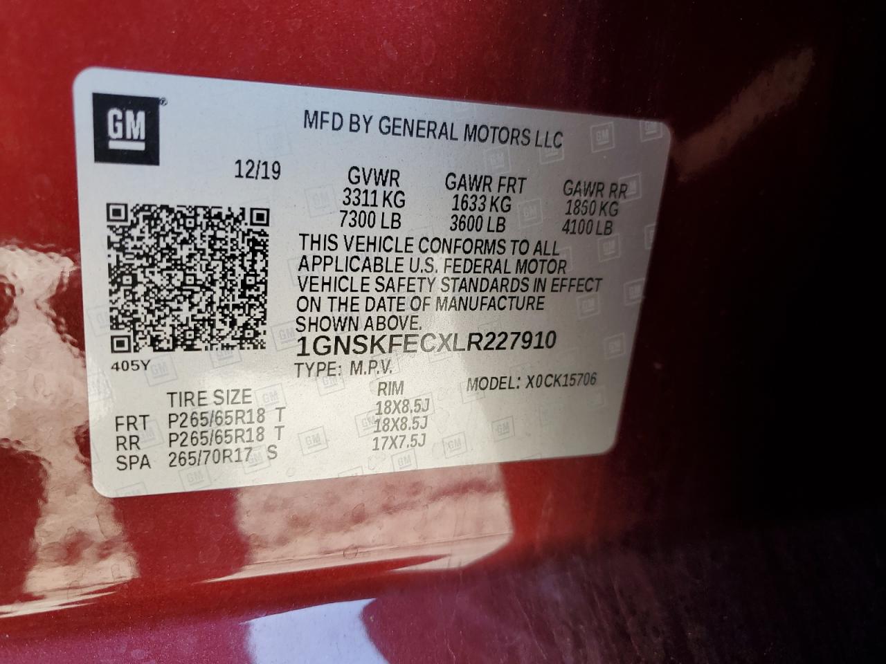 2020 Chevrolet Tahoe Special VIN: 1GNSKFECXLR227910 Lot: 85921275