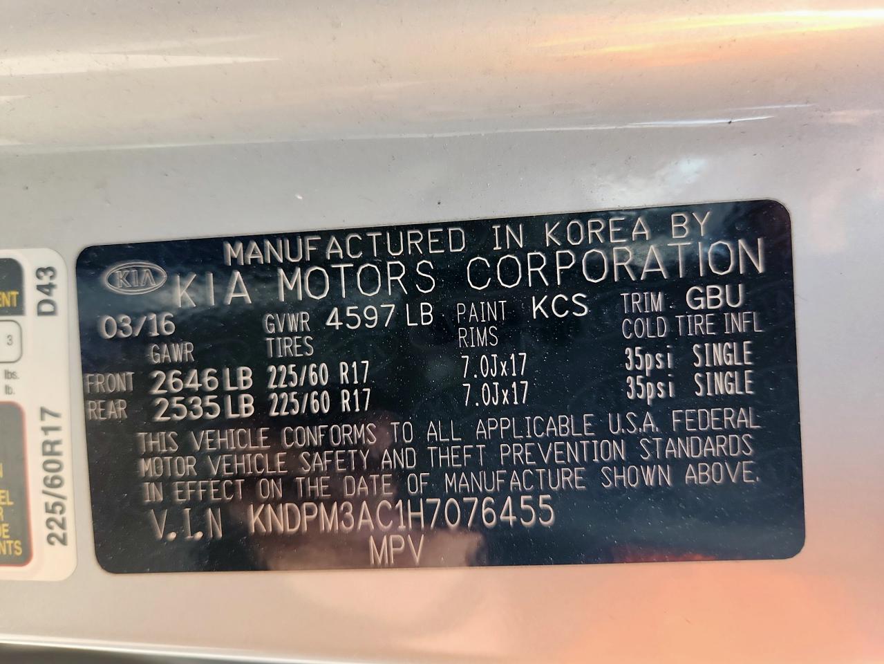 2017 Kia Sportage Lx VIN: KNDPM3AC1H7076455 Lot: 85678495