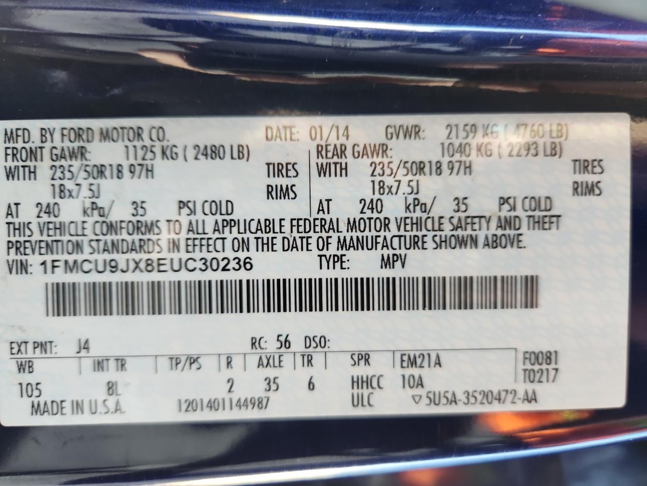 2014 Ford Escape Titanium VIN: 1FMCU9JX8EUC30236 Lot: 85932605