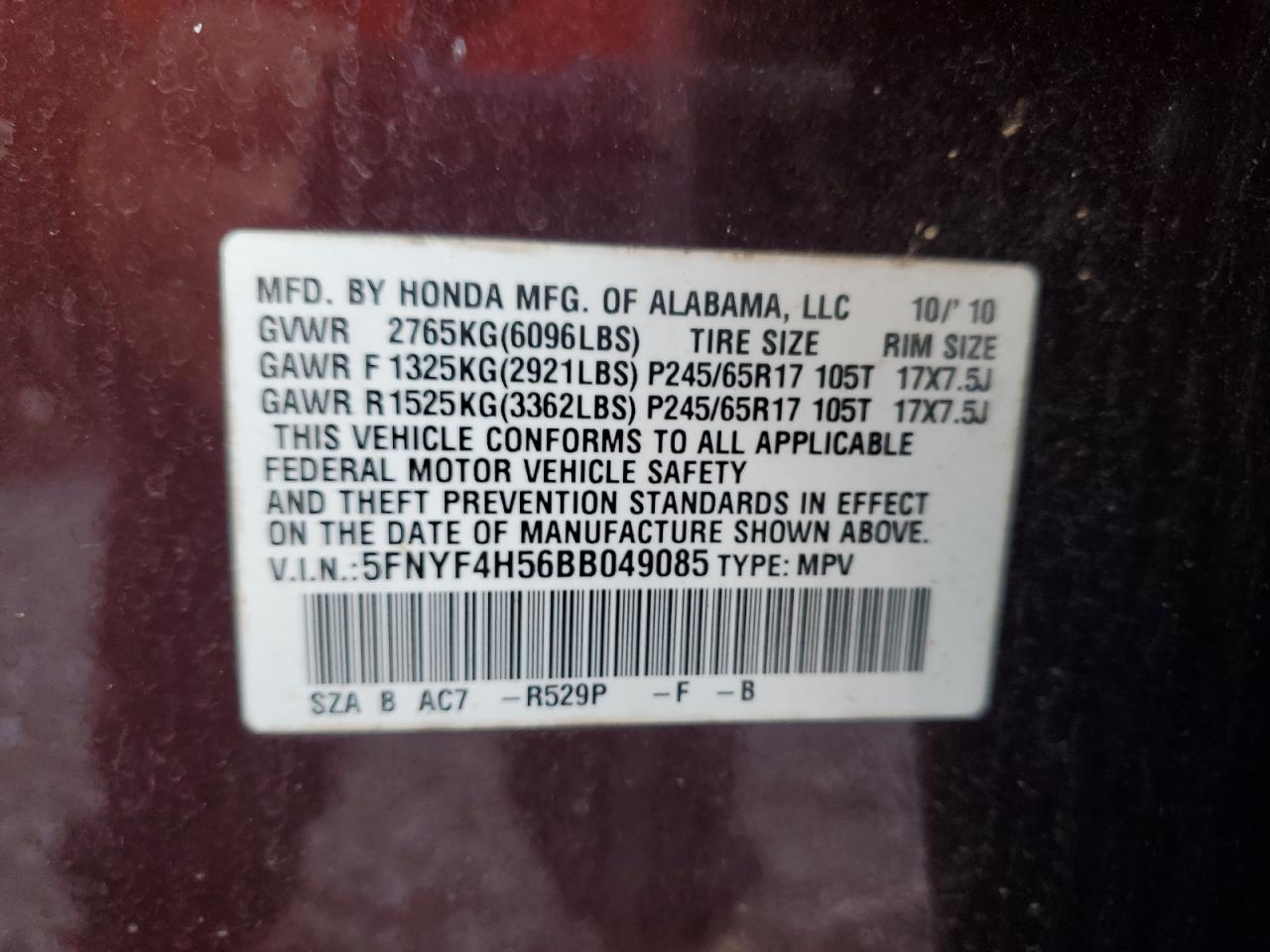 2011 Honda Pilot Exl VIN: 5FNYF4H56BB049085 Lot: 85274155