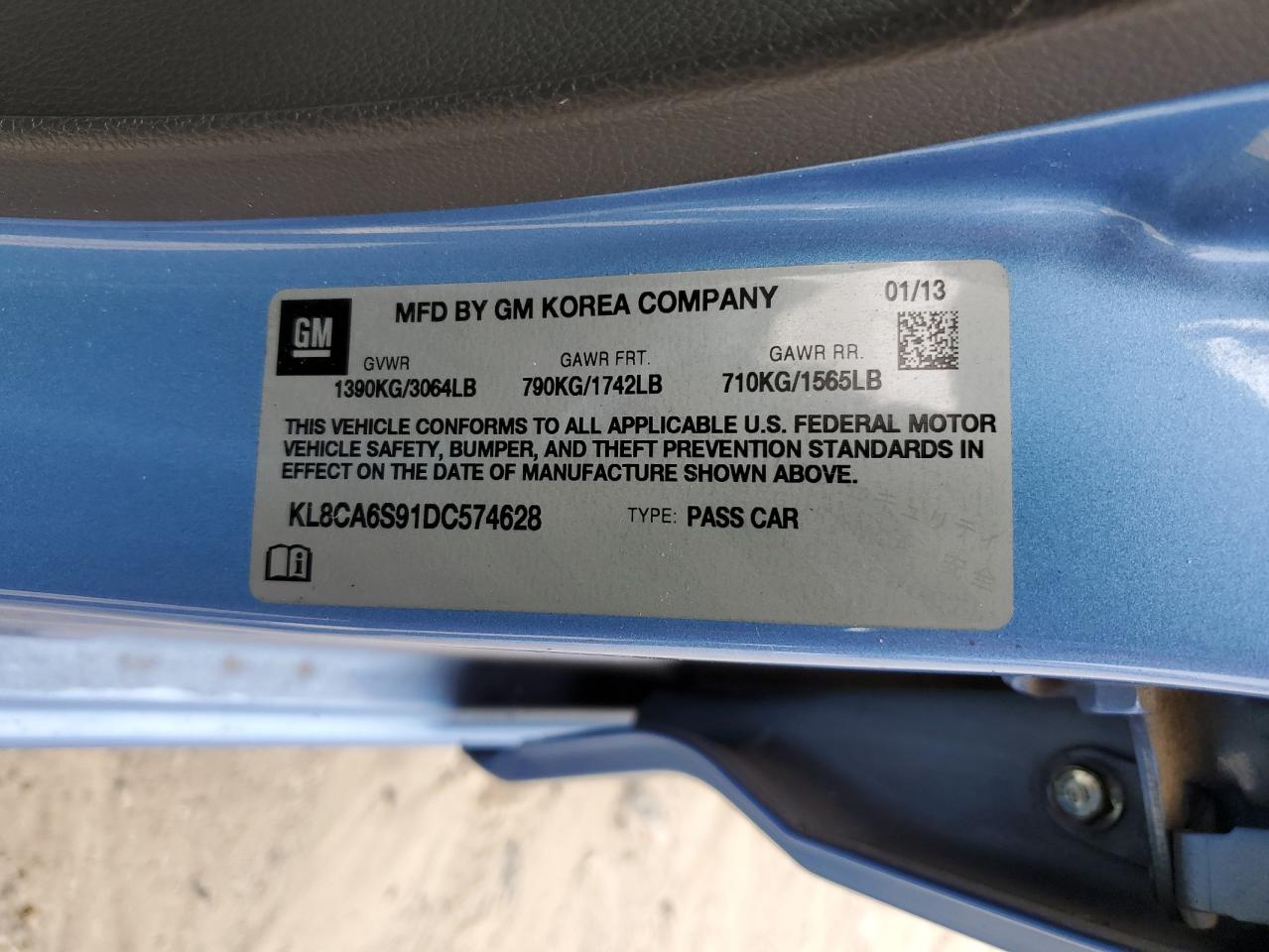 2013 Chevrolet Spark Ls VIN: KL8CA6S91DC574628 Lot: 90587755