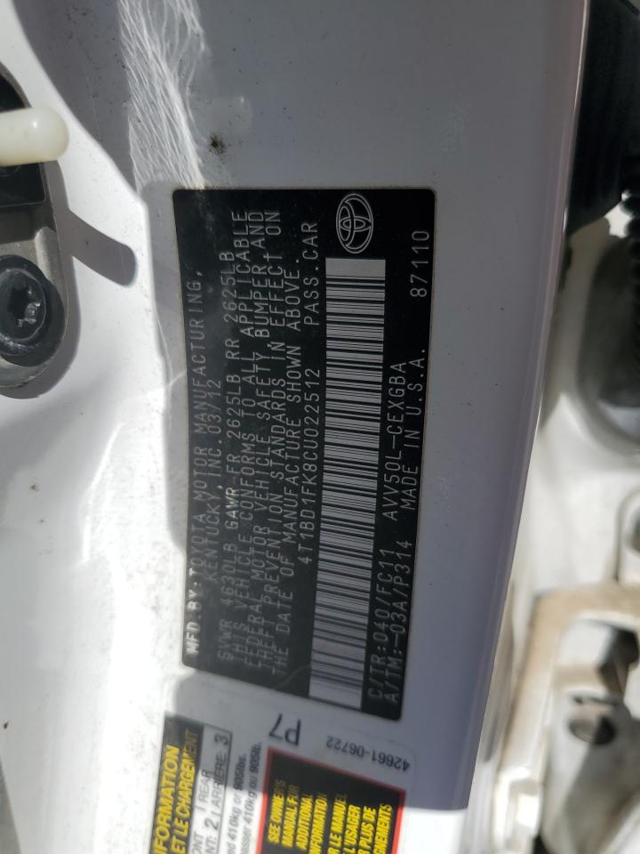 2012 Toyota Camry Hybrid VIN: 4T1BD1FK8CU022512 Lot: 82413865