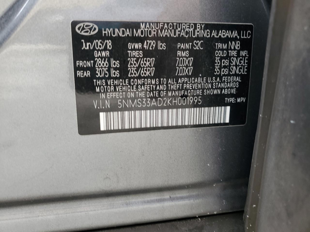 2019 Hyundai Santa Fe Sel VIN: 5NMS33AD2KH001995 Lot: 85122955