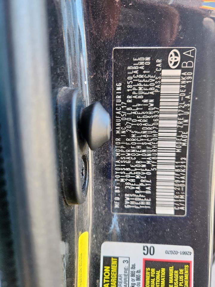 2017 Toyota Corolla L VIN: 5YFBURHE0HP706937 Lot: 82419685