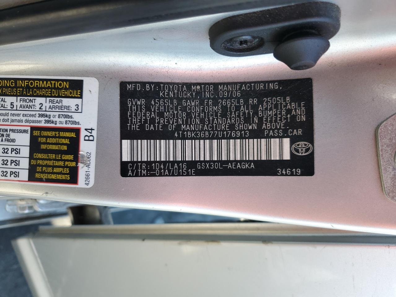 2007 Toyota Avalon Xl VIN: 4T1BK36B77U176913 Lot: 86714445