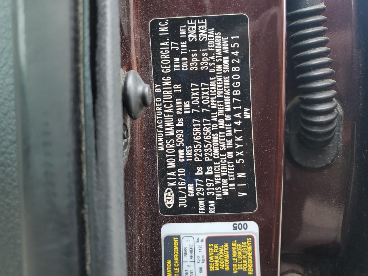 2011 Kia Sorento Base VIN: 5XYKT4A17BG082451 Lot: 85147125