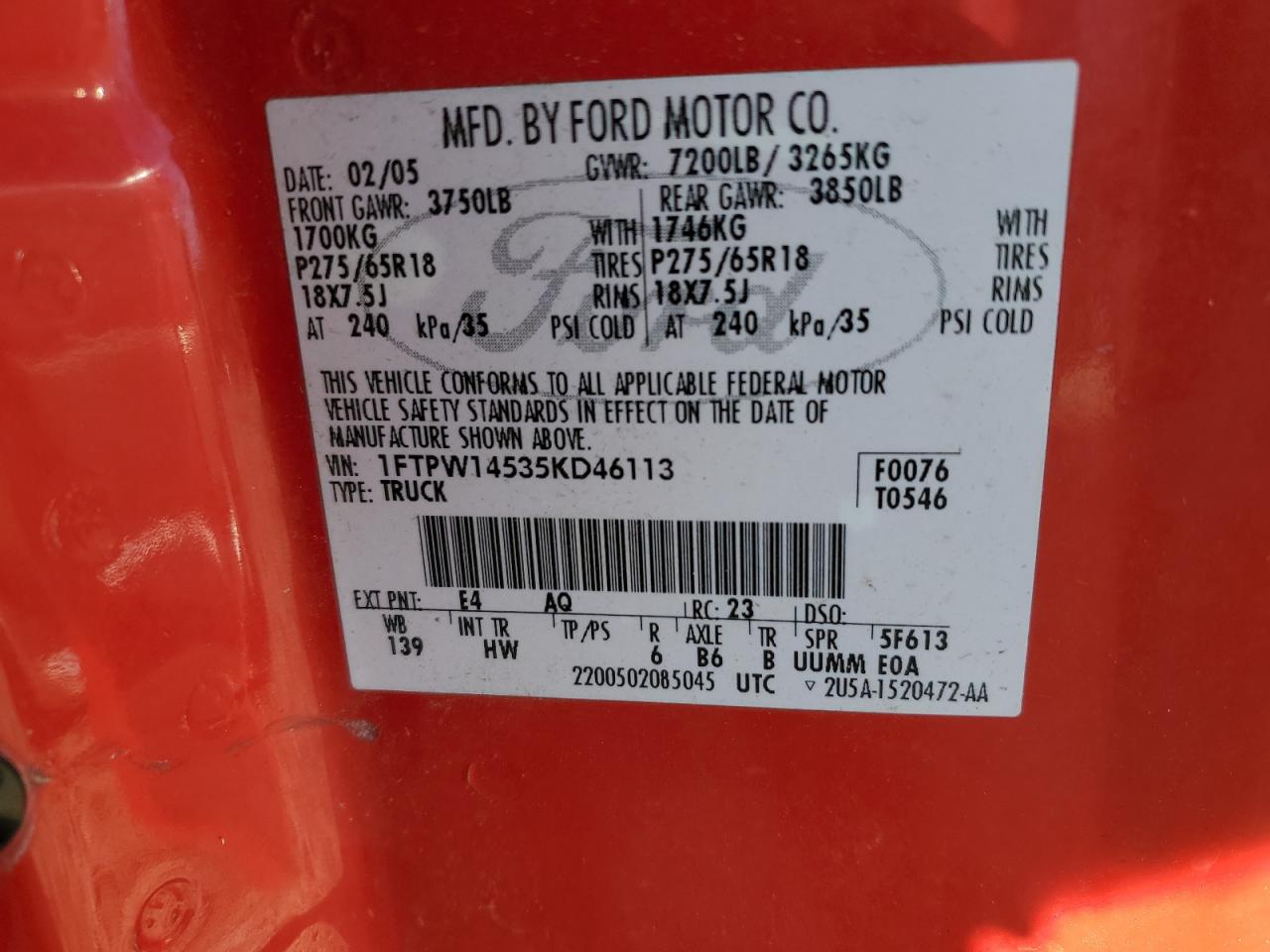 2005 Ford F150 Supercrew VIN: 1FTPW14535KD46113 Lot: 84963965