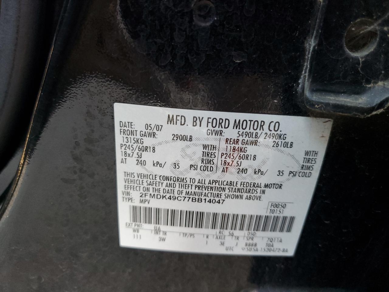 2007 Ford Edge Sel Plus VIN: 2FMDK49C77BB14047 Lot: 89928405