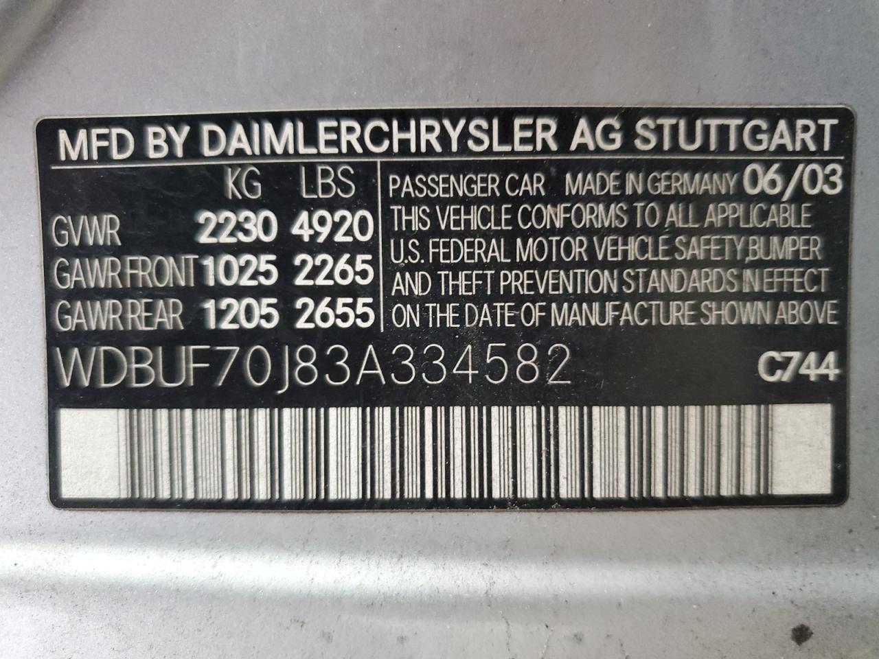2003 Mercedes-Benz E 500 VIN: WDBUF70J83A334582 Lot: 84464315