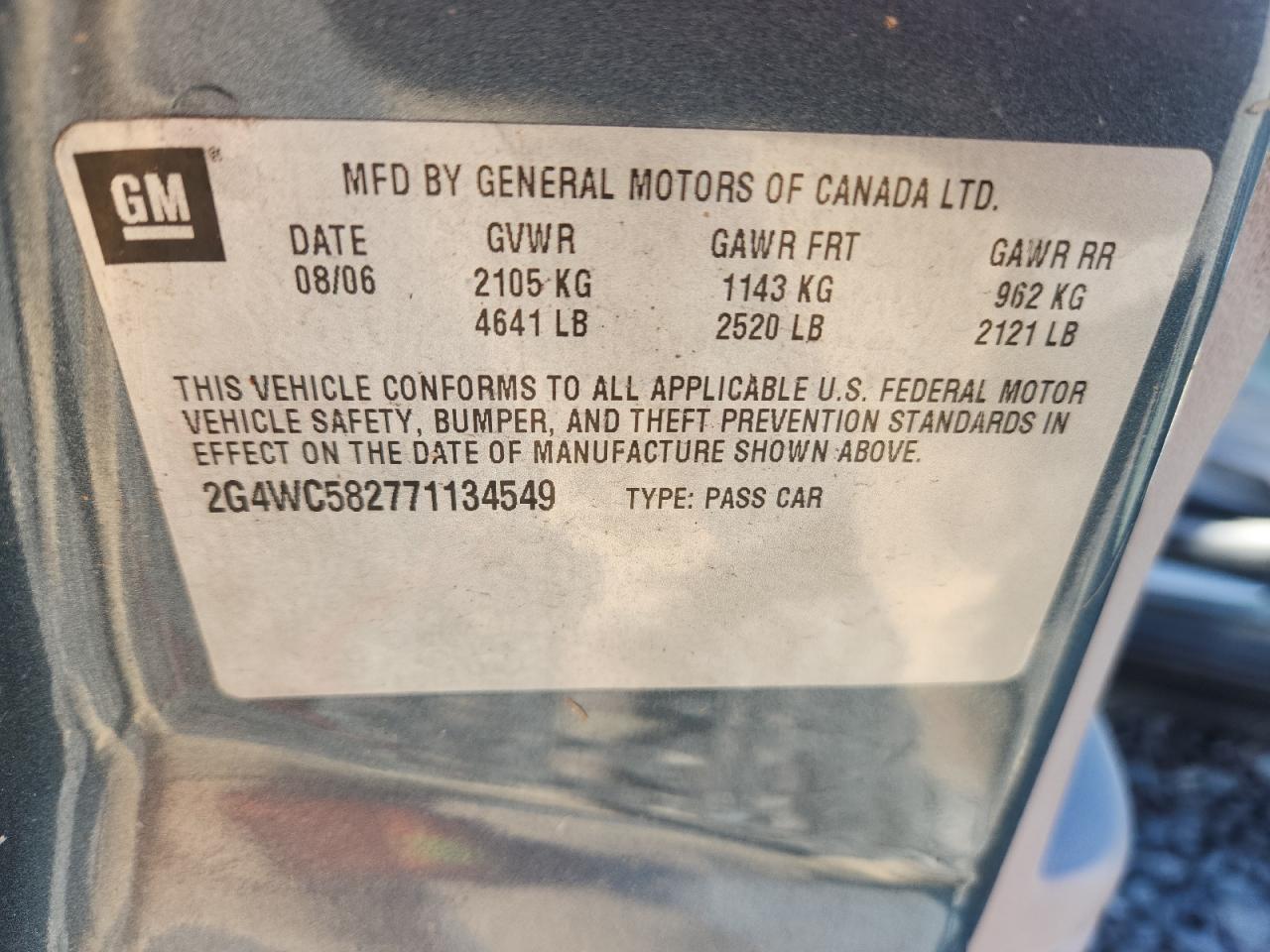 2007 Buick Lacrosse Cx VIN: 2G4WC582771134549 Lot: 89641085