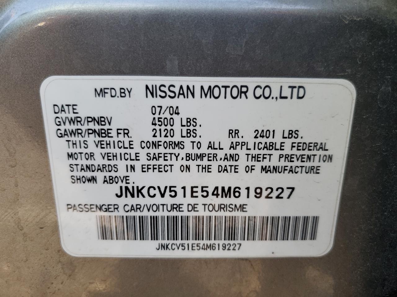 2004 Infiniti G35 VIN: JNKCV51E54M619227 Lot: 85375865