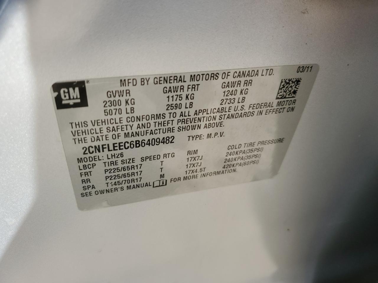 2011 Chevrolet Equinox Lt VIN: 2CNFLEEC6B6409482 Lot: 82291325