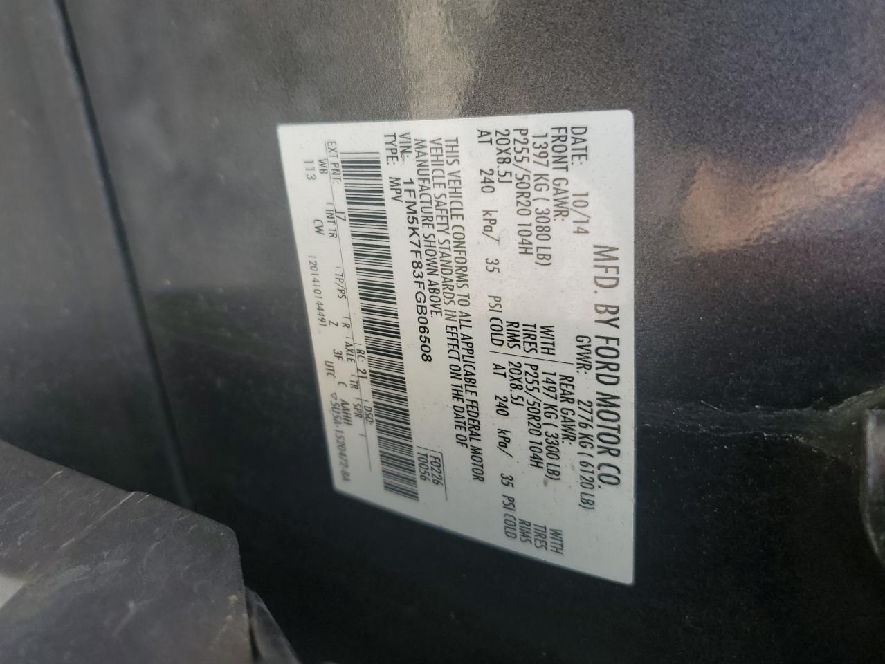 2015 Ford Explorer Limited VIN: 1FM5K7F83FGB06508 Lot: 85179105