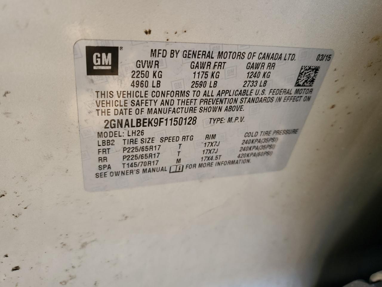 2015 Chevrolet Equinox Lt VIN: 2GNALBEK9F1150128 Lot: 82332365