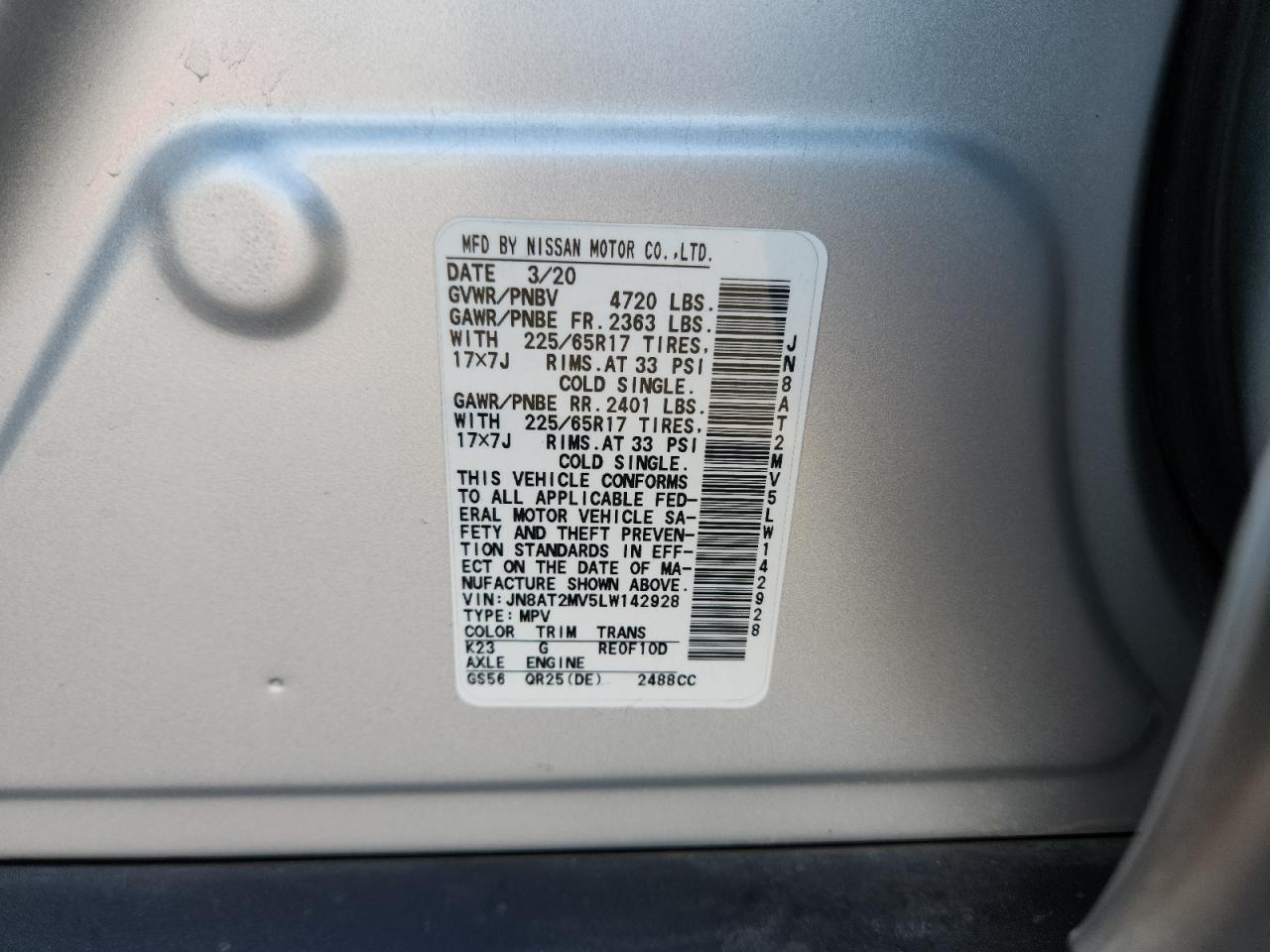 2020 Nissan Rogue S VIN: JN8AT2MV5LW142928 Lot: 85582415