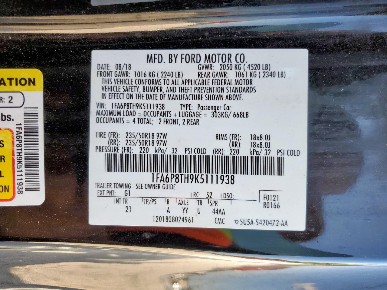 2019 Ford Mustang VIN: 1FA6P8TH9K5111938 Lot: 85853775