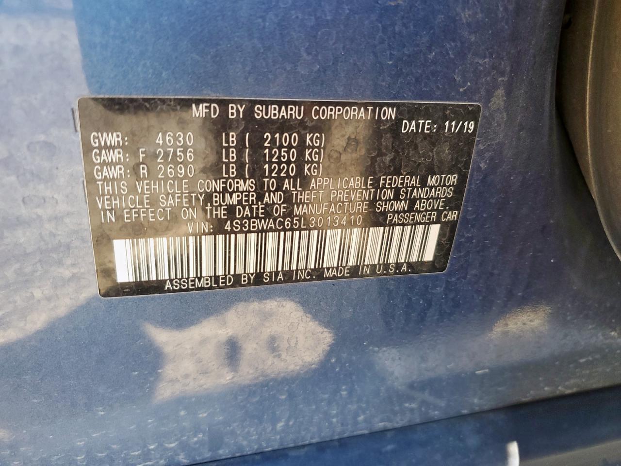 2020 Subaru Legacy Premium VIN: 4S3BWAC65L3013410 Lot: 90763135