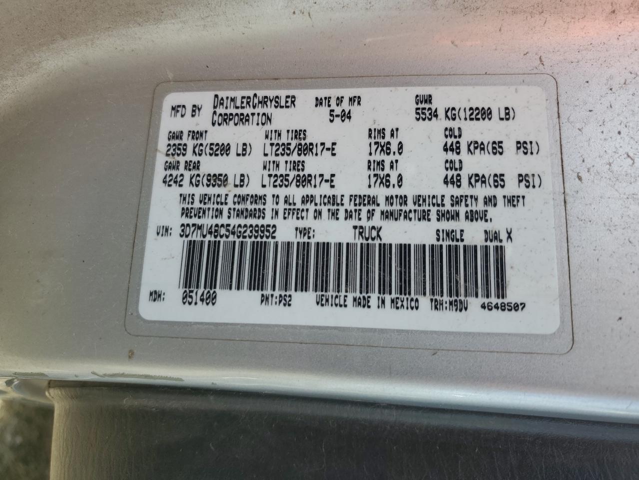 2004 Dodge Ram 3500 St VIN: 3D7MU48C54G239952 Lot: 80987115