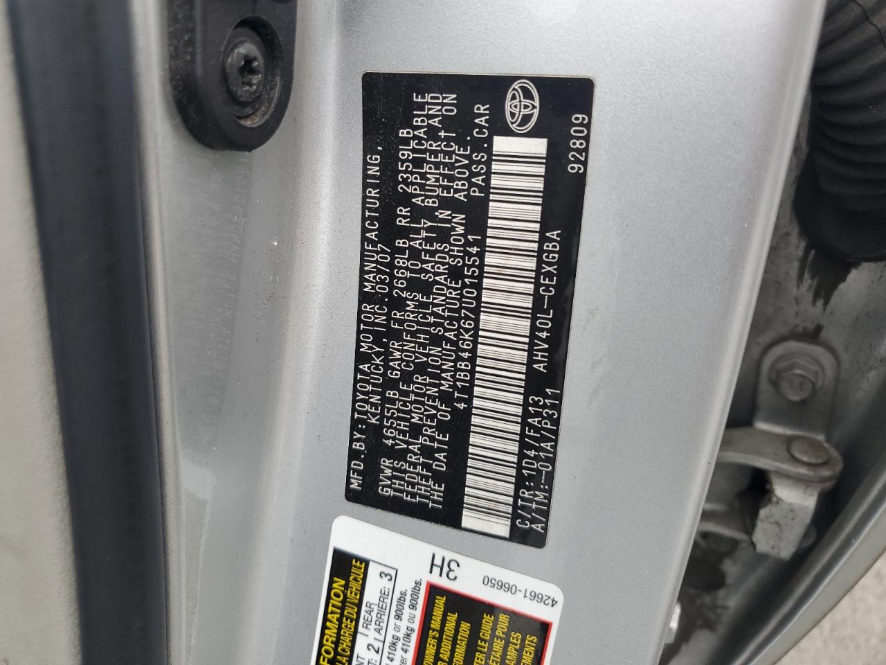 2007 Toyota Camry Hybrid VIN: 4T1BB46K67U015541 Lot: 82193585