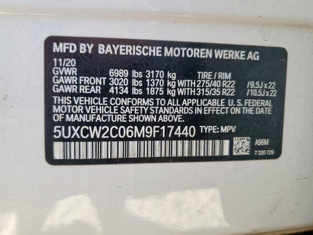 2021 BMW X7 xDrive40I VIN: 5UXCW2C06M9F17440 Lot: 86444215