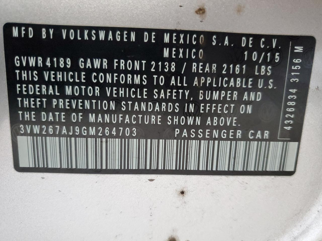 2016 Volkswagen Jetta S VIN: 3VW267AJ9GM264703 Lot: 84938695