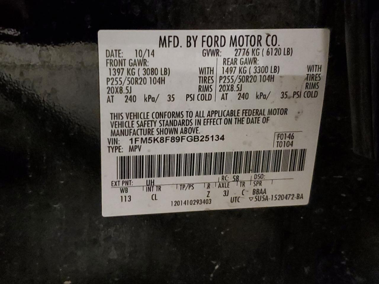 2015 Ford Explorer Limited VIN: 1FM5K8F89FGB25134 Lot: 85919145