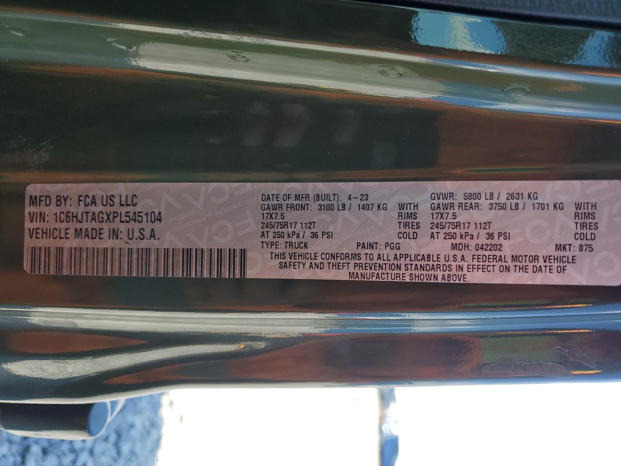 2023 Jeep Gladiator Sport VIN: 1C6HJTAGXPL545104 Lot: 89723145