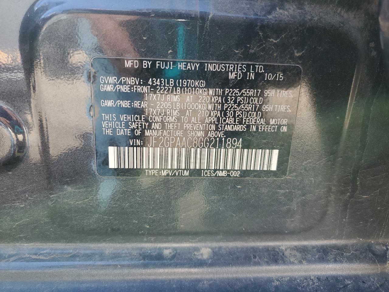 2016 Subaru Crosstrek VIN: JF2GPAAC8GG211894 Lot: 85506185