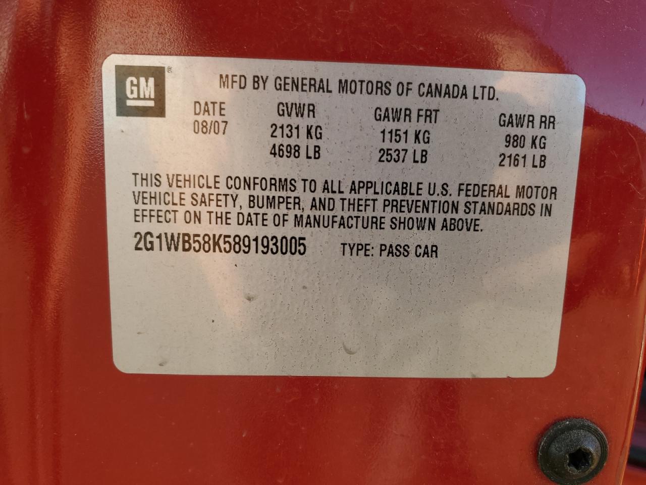 2008 Chevrolet Impala Ls VIN: 2G1WB58K589193005 Lot: 91100685