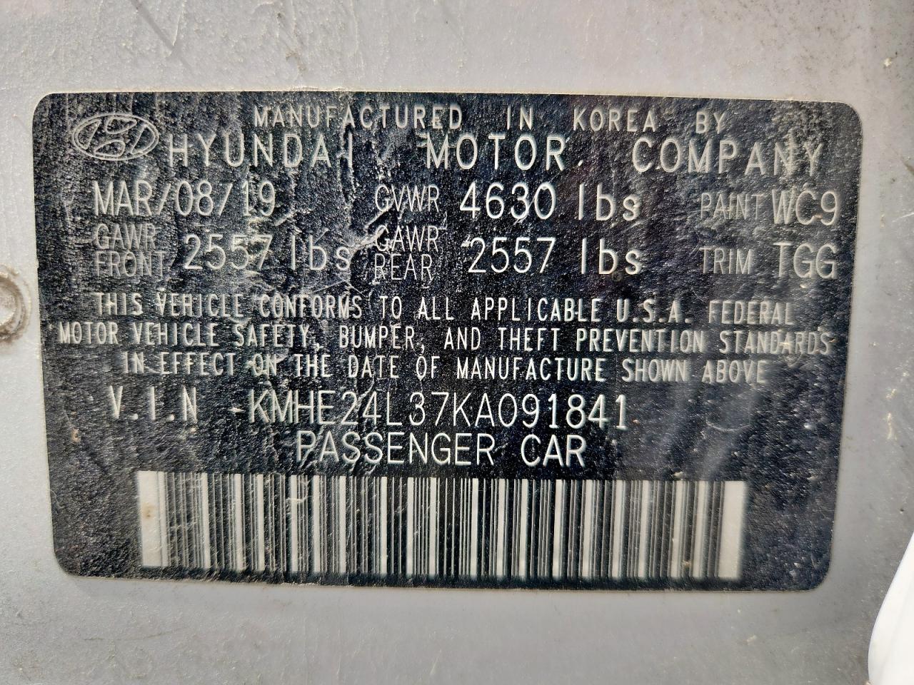 2019 Hyundai Sonata Hybrid VIN: KMHE24L37KA091841 Lot: 86101655