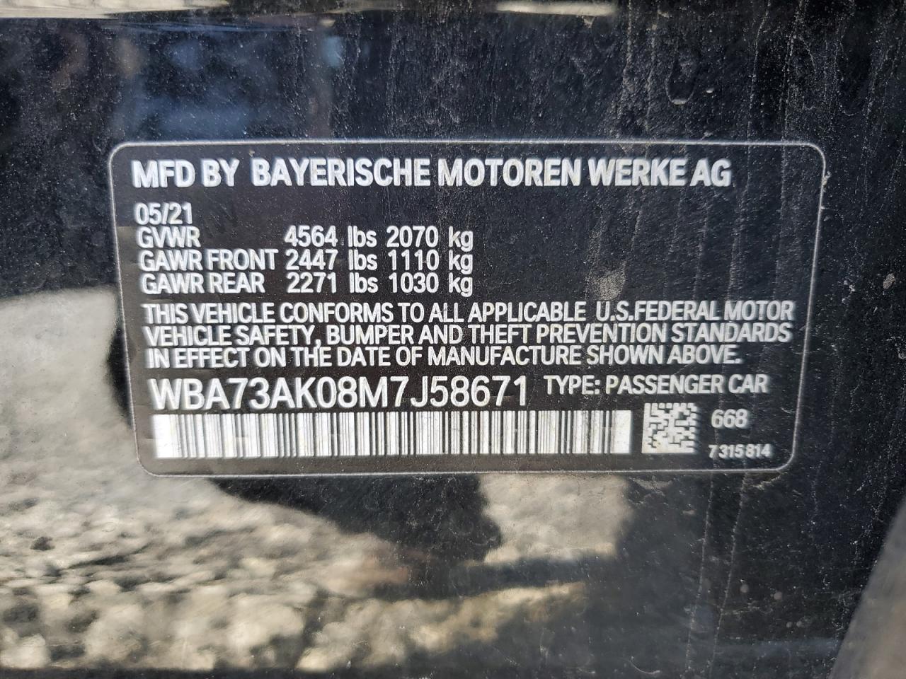 2021 BMW 228Xi VIN: WBA73AK08M7J58671 Lot: 89561085