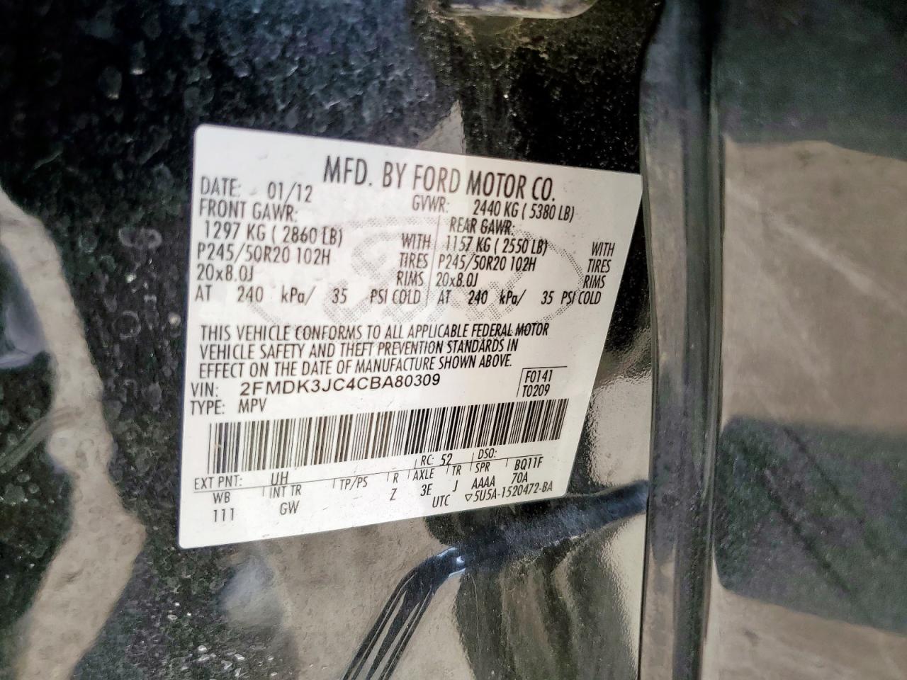 2012 Ford Edge Sel VIN: 2FMDK3JC4CBA80309 Lot: 85174025