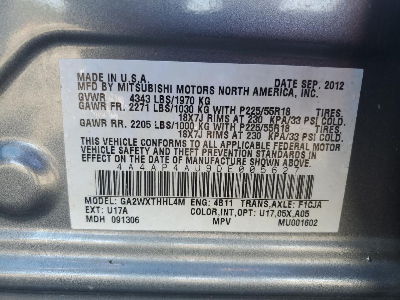 2013 Mitsubishi Outlander Sport Se VIN: 4A4AP4AU9DE005627 Lot: 89691525