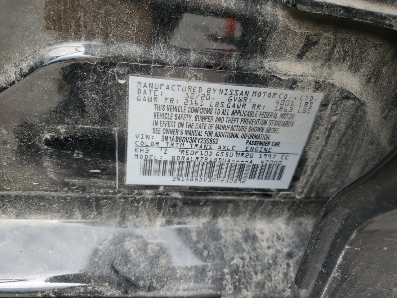 2021 Nissan Sentra Sr VIN: 3N1AB8DV3MY230892 Lot: 86295295