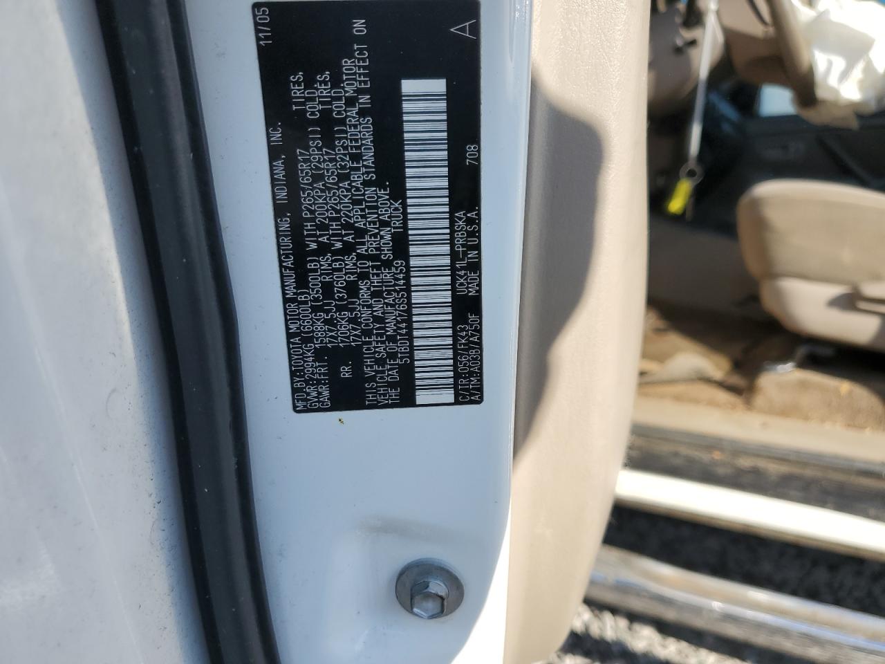 2006 Toyota Tundra Double Cab Sr5 VIN: 5TBDT44176S514459 Lot: 84946915