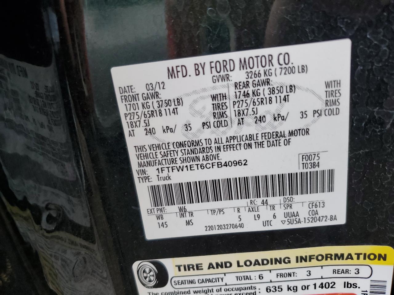 2012 Ford F150 Supercrew VIN: 1FTFW1ET6CFB40962 Lot: 90019055