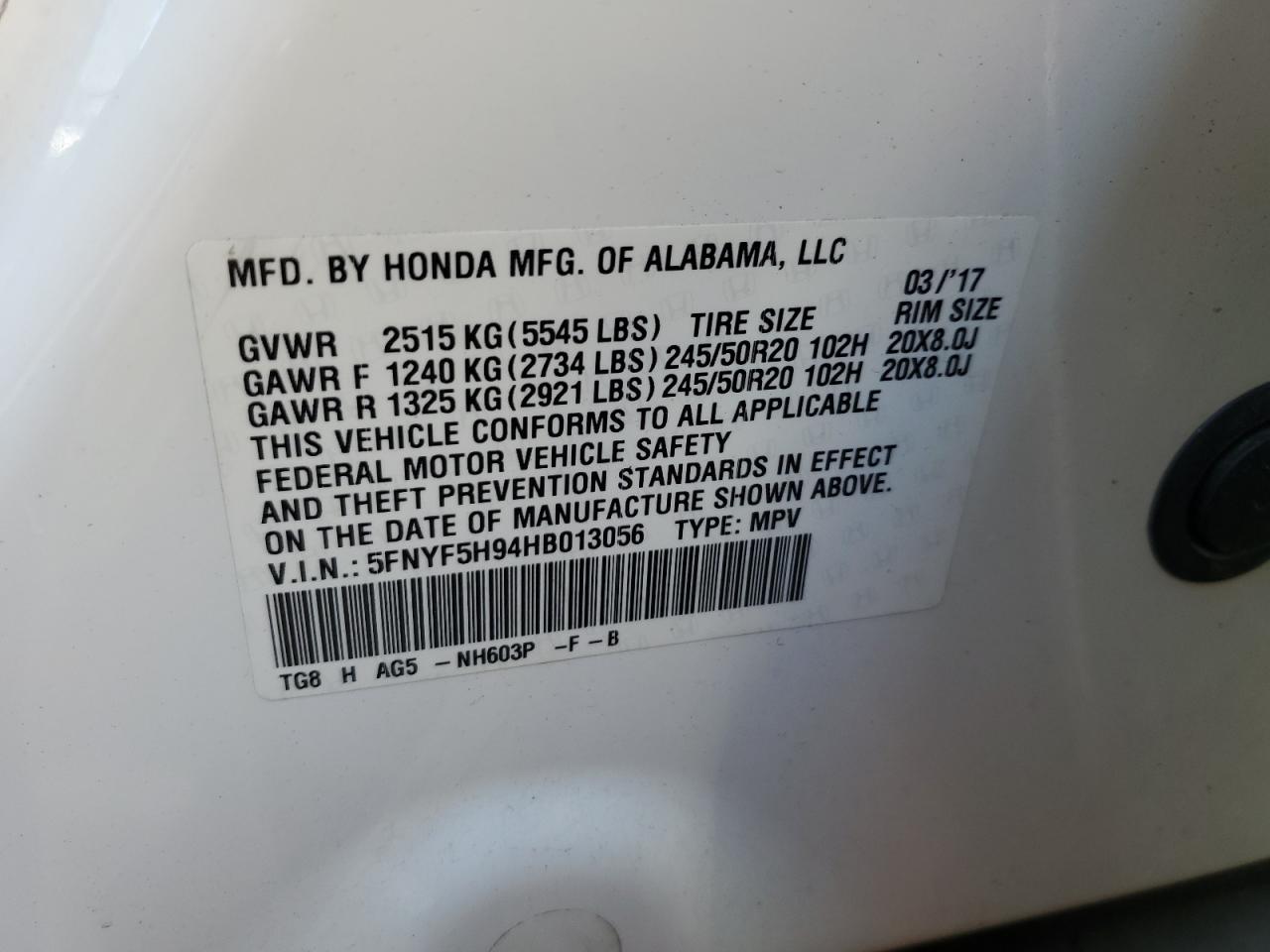 2017 Honda Pilot Touring VIN: 5FNYF5H94HB013056 Lot: 86686885