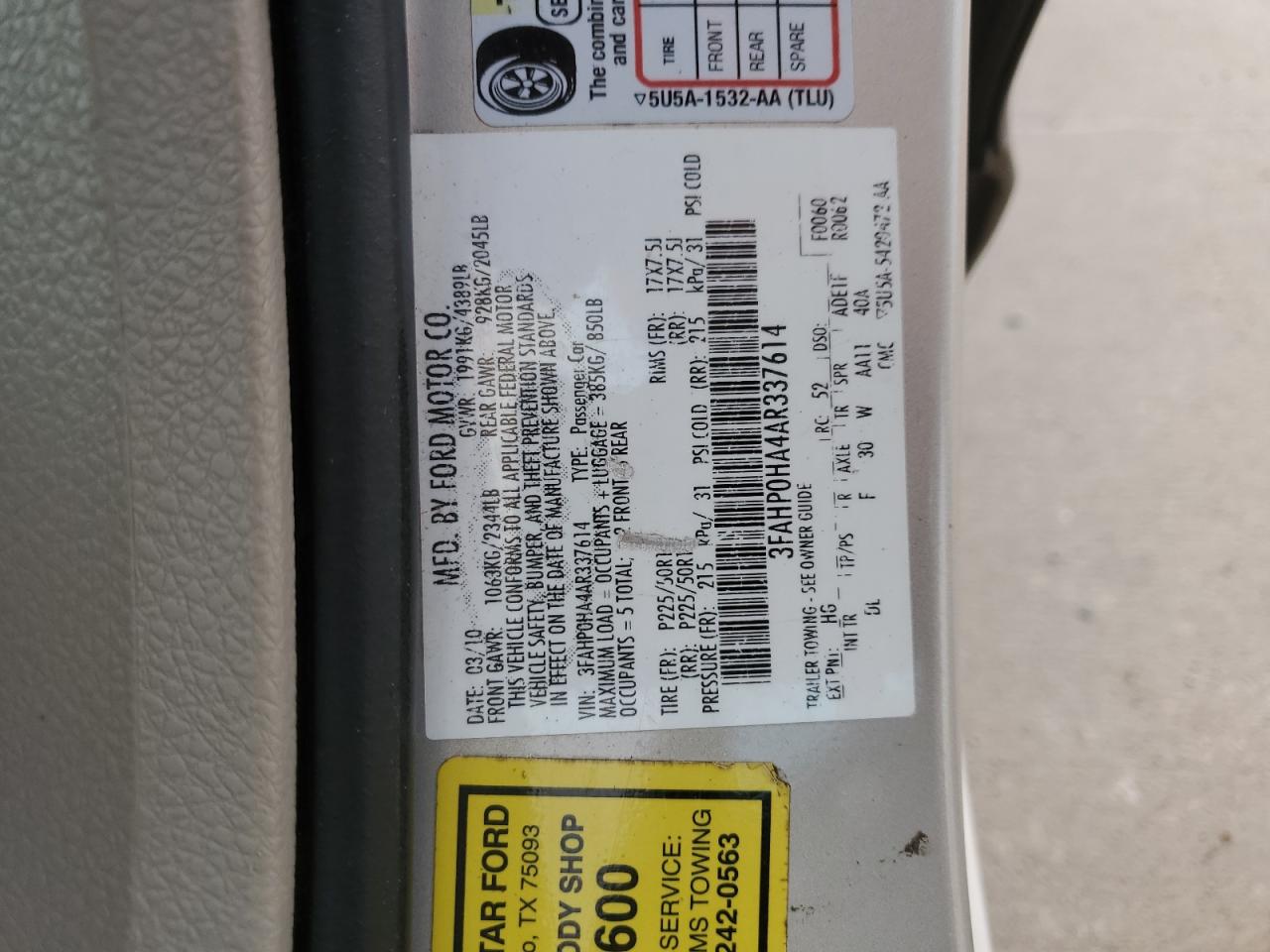 2010 Ford Fusion Se VIN: 3FAHP0HA4AR337614 Lot: 89695995