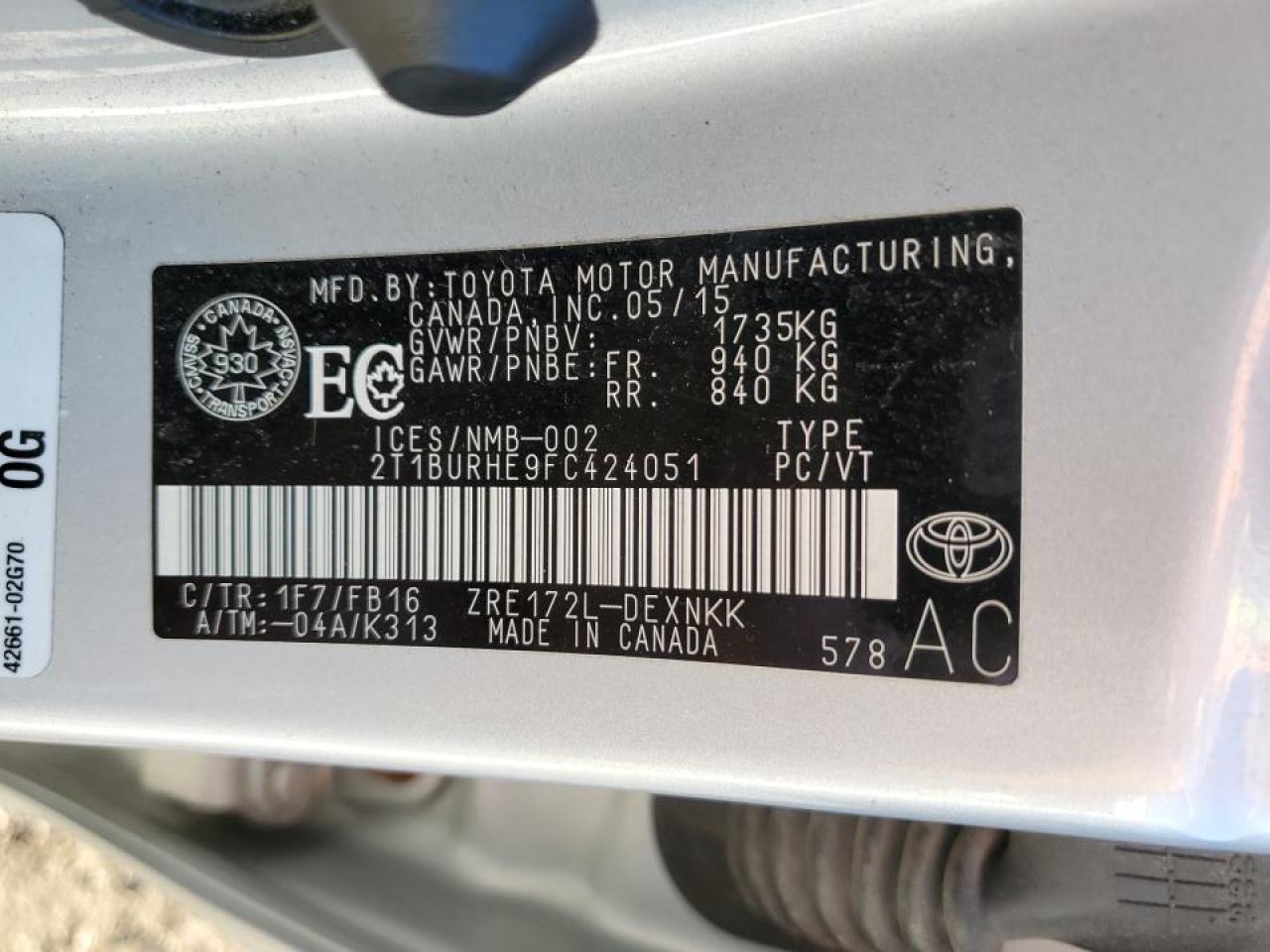 2015 Toyota Corolla L VIN: 2T1BURHE9FC424051 Lot: 84642995