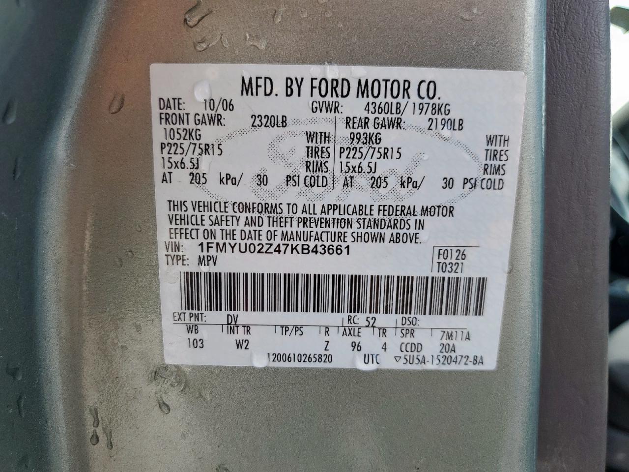 2007 Ford Escape Xls VIN: 1FMYU02Z47KB43661 Lot: 85746915