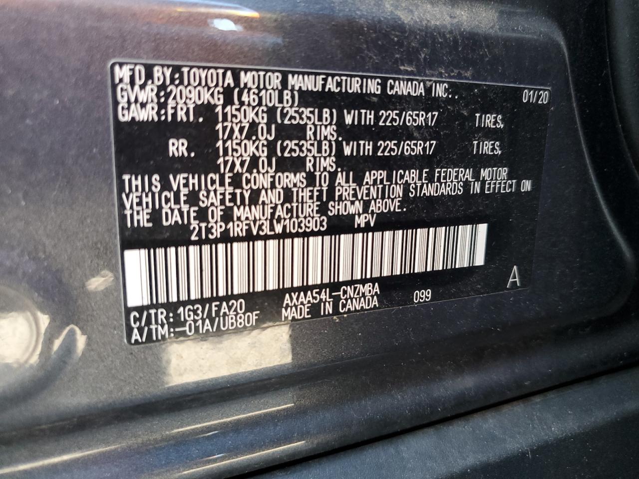 2020 Toyota Rav4 Xle VIN: 2T3P1RFV3LW103903 Lot: 84965225